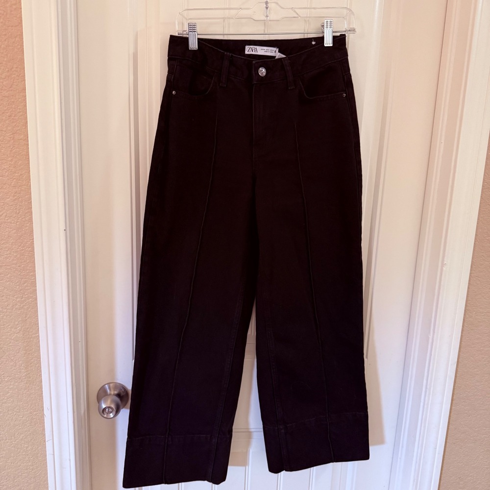 ZARA‎ Black Wide Leg Cropped Jeans Womens Size 2 US EUR 34 - Picture 4 of 9